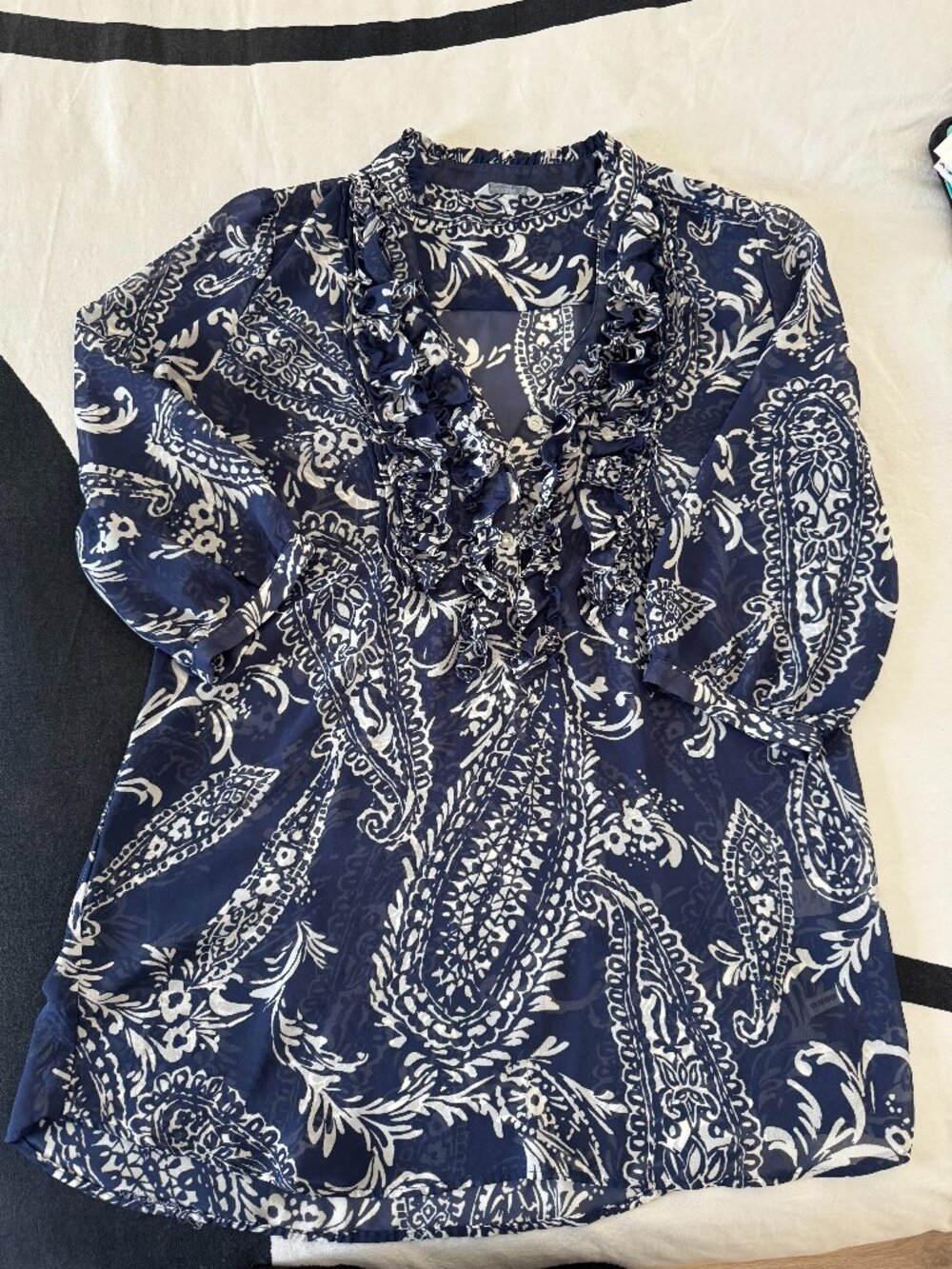 EUC NY & Co. Navy Paisley Ruffle Blouse Sz M